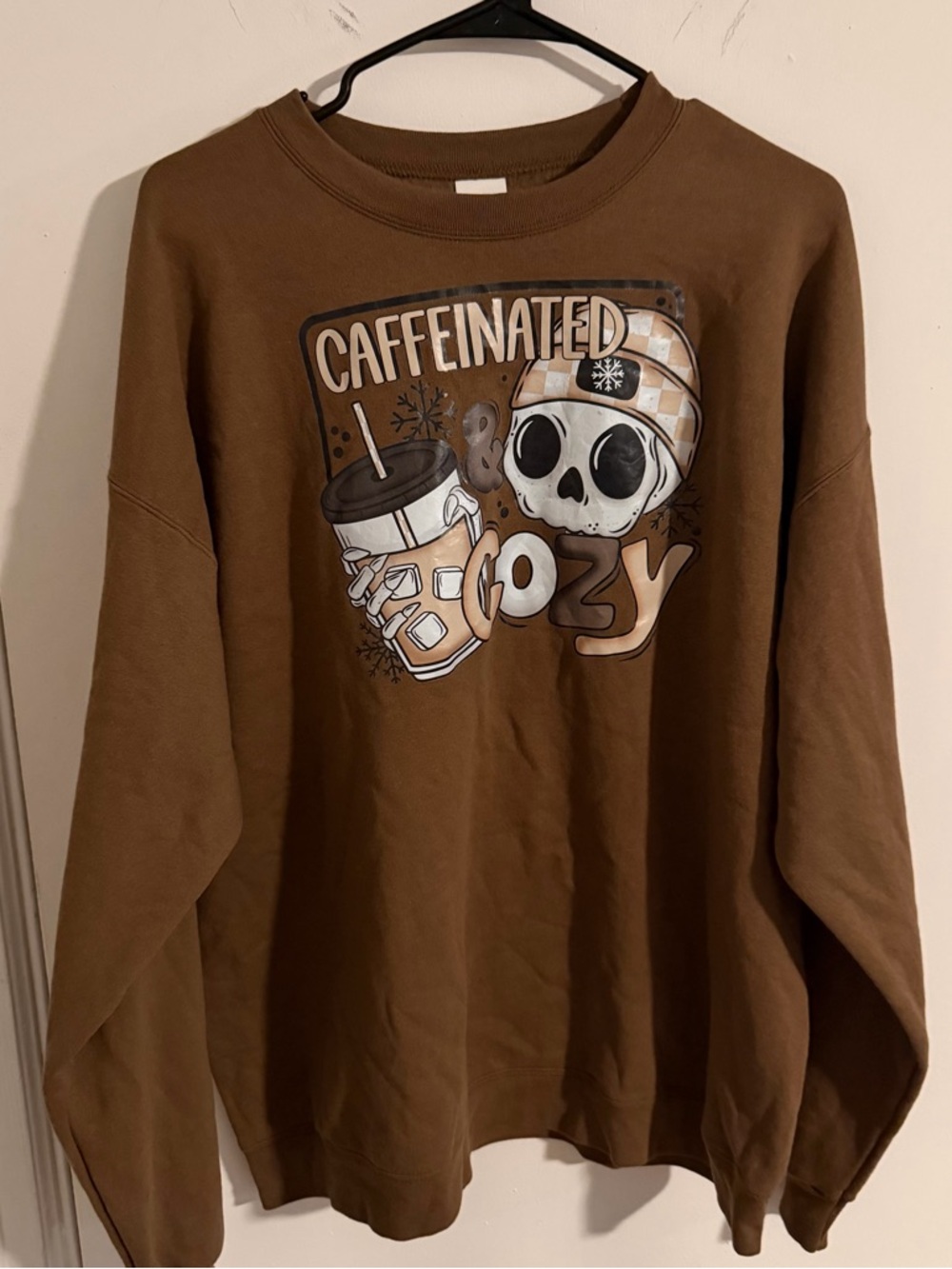Caffeinated & Cozy Skull Graphic Sweatshirt - Brown